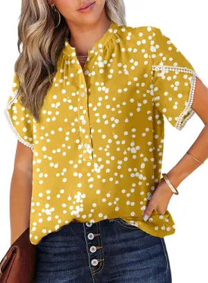 Dokotoo Womens Tops Summer Casual Boho Floral Print Short Sleeve Half Button Down V Neck Chiffon Blouses Shirts
