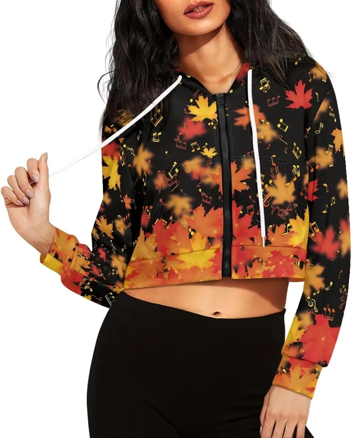 Dolyues Women's Cropped Hoodies Full-Zip Sweatshirt Crop Top Long Sleeves Hooded Jacket Coat Outwear with Pockets