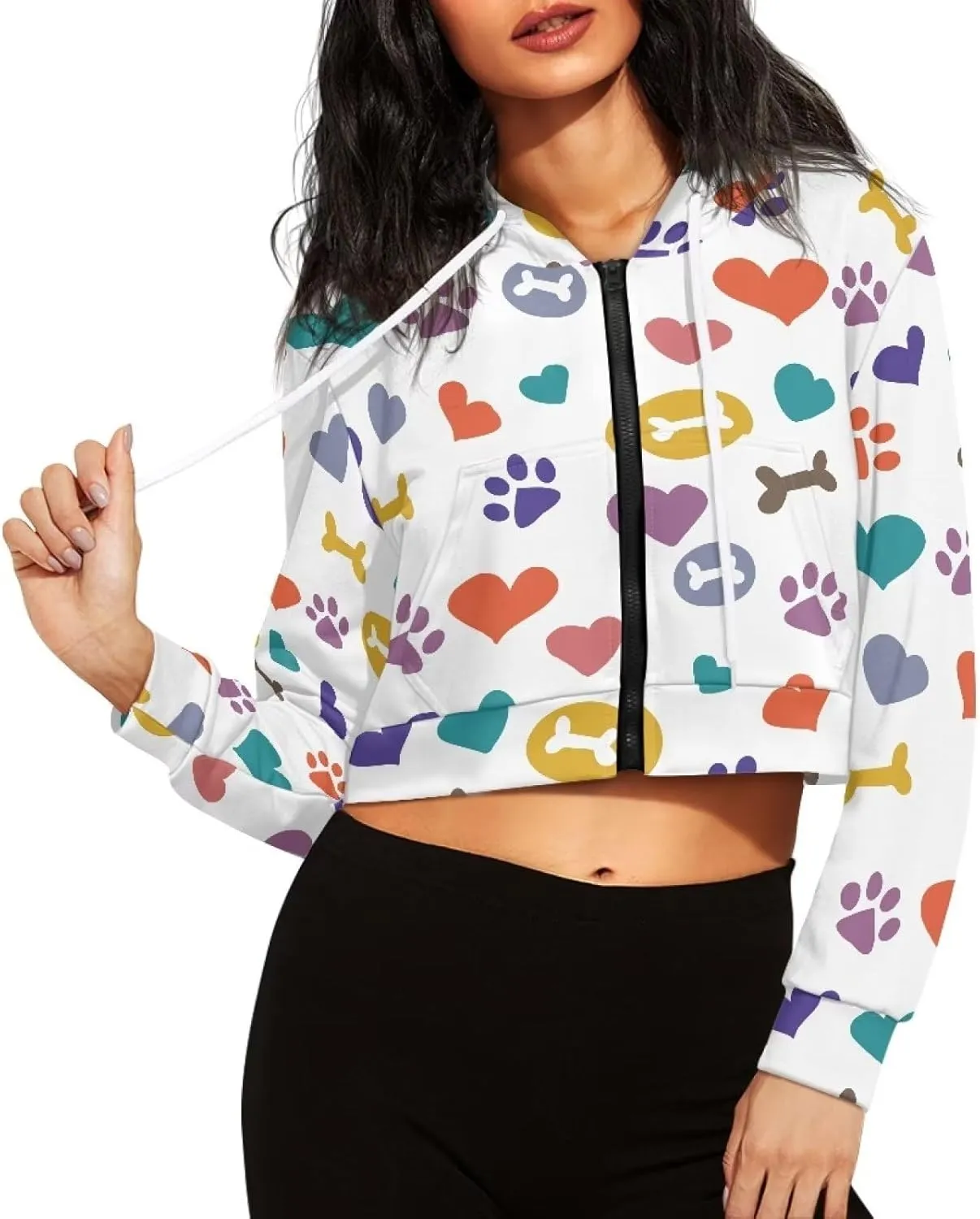 Dolyues Women's Cropped Hoodies Full-Zip Sweatshirt Crop Top Long Sleeves Hooded Jacket Coat Outwear with Pockets