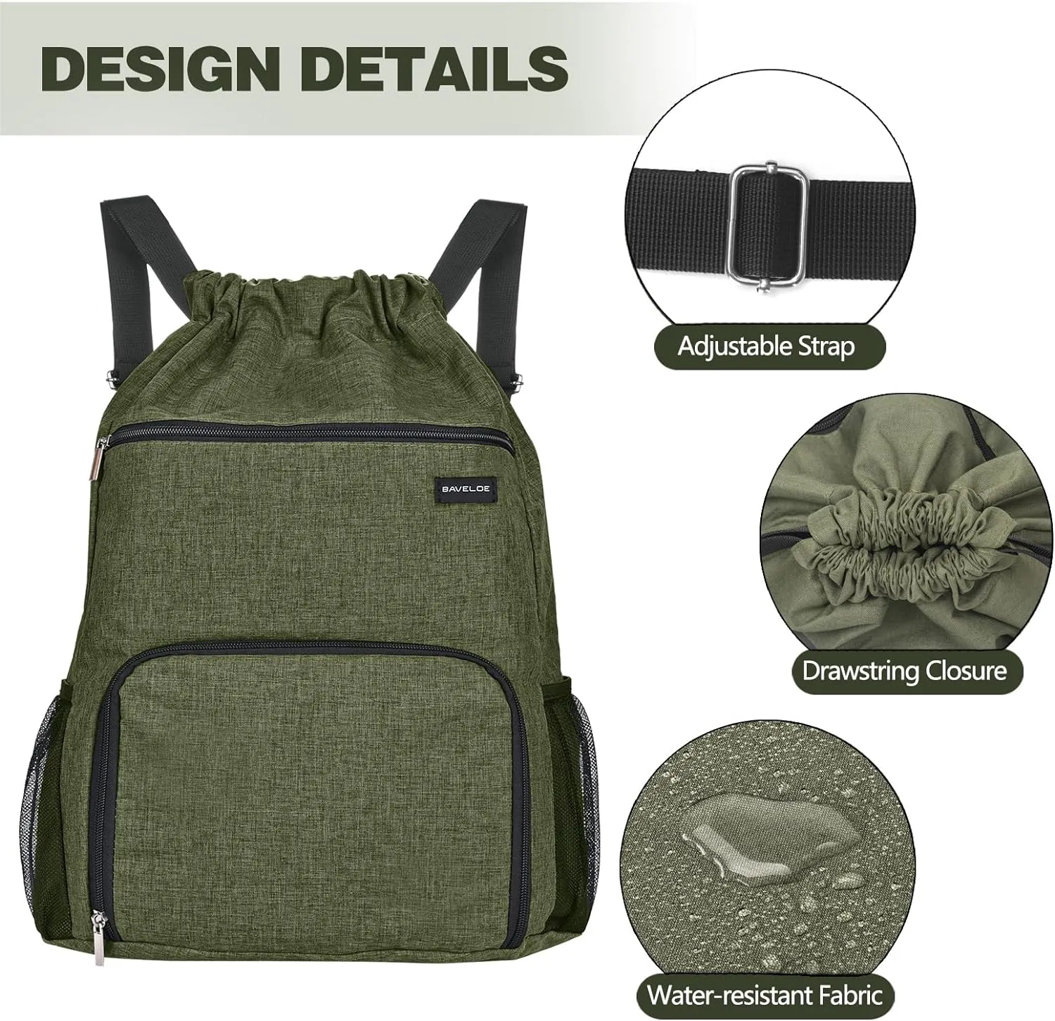 Drawstring Backpack with Wet Pocket & Shoe Compartment, Water-Resistant Sports Gym Swim String Bag for Women Men(Dark Green)