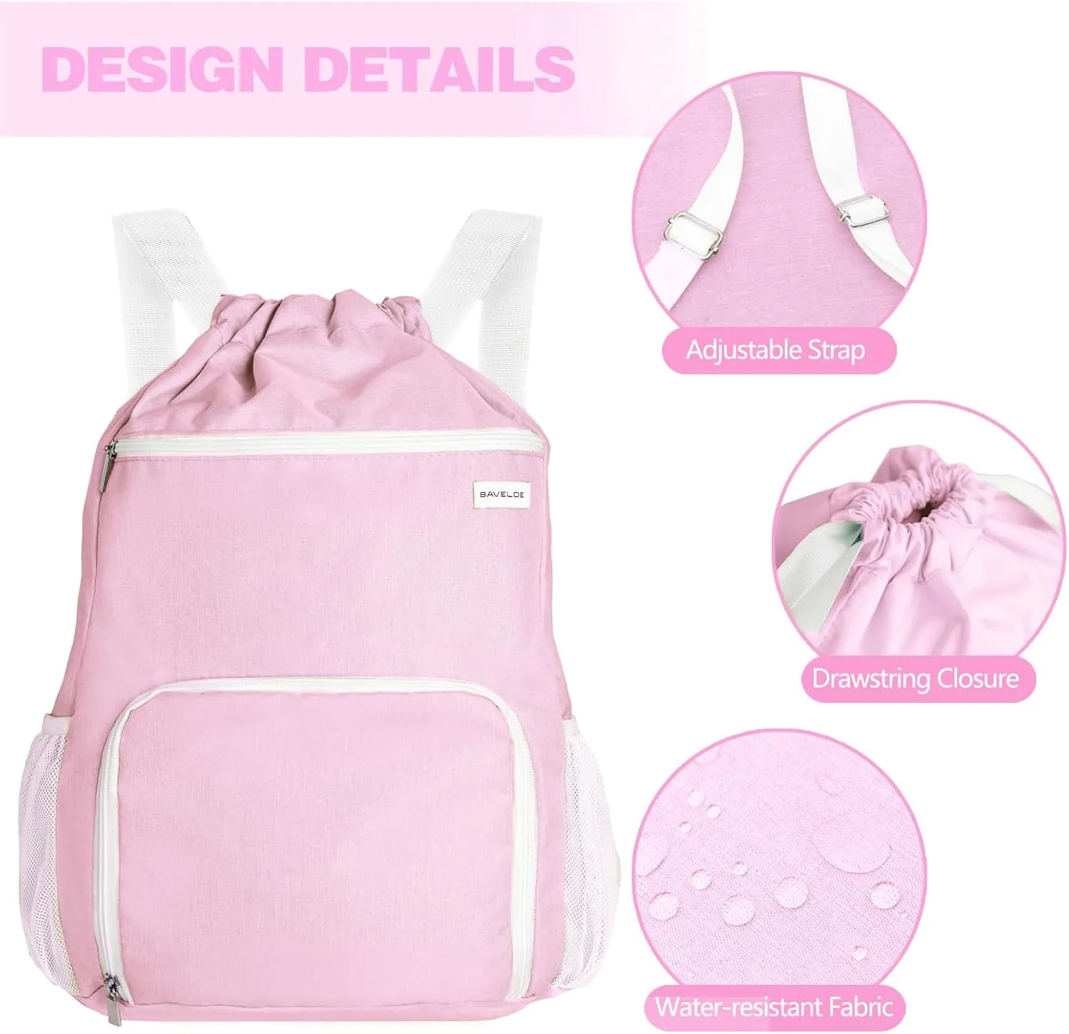 Drawstring Backpack with Wet Pocket & Shoe Compartment, Water-Resistant Sports Gym Swim String Bag for Women Men(Pink)