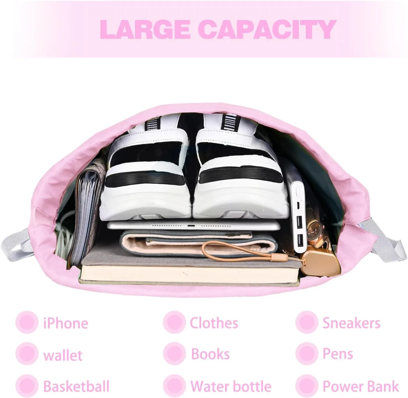 Drawstring Backpack with Wet Pocket & Shoe Compartment, Water-Resistant Sports Gym Swim String Bag for Women Men(Pink)