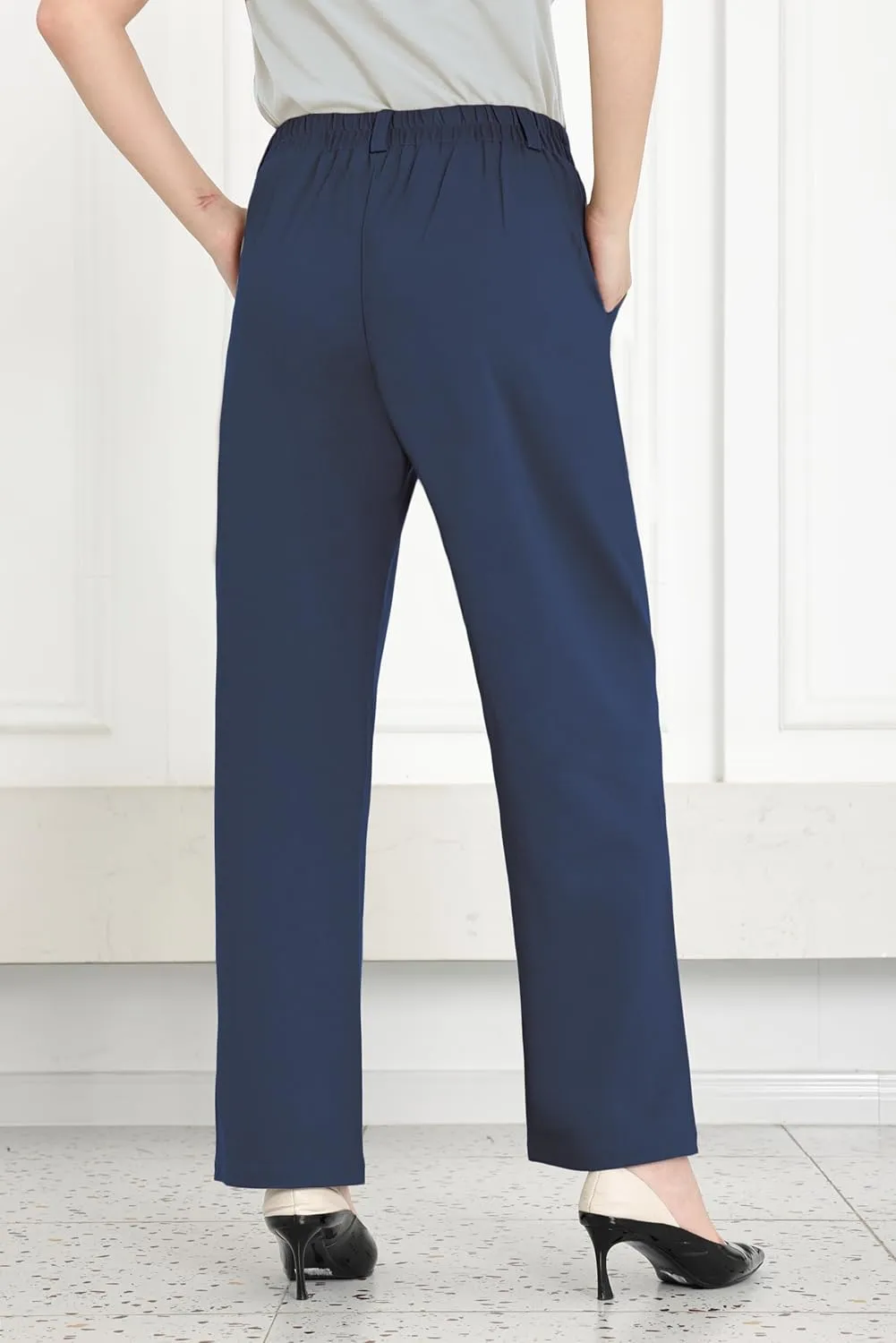 Dress Pants Women Straight Leg Work Business Office High Elastic Waisted Casual Slacks Trousers 29" with Pockets