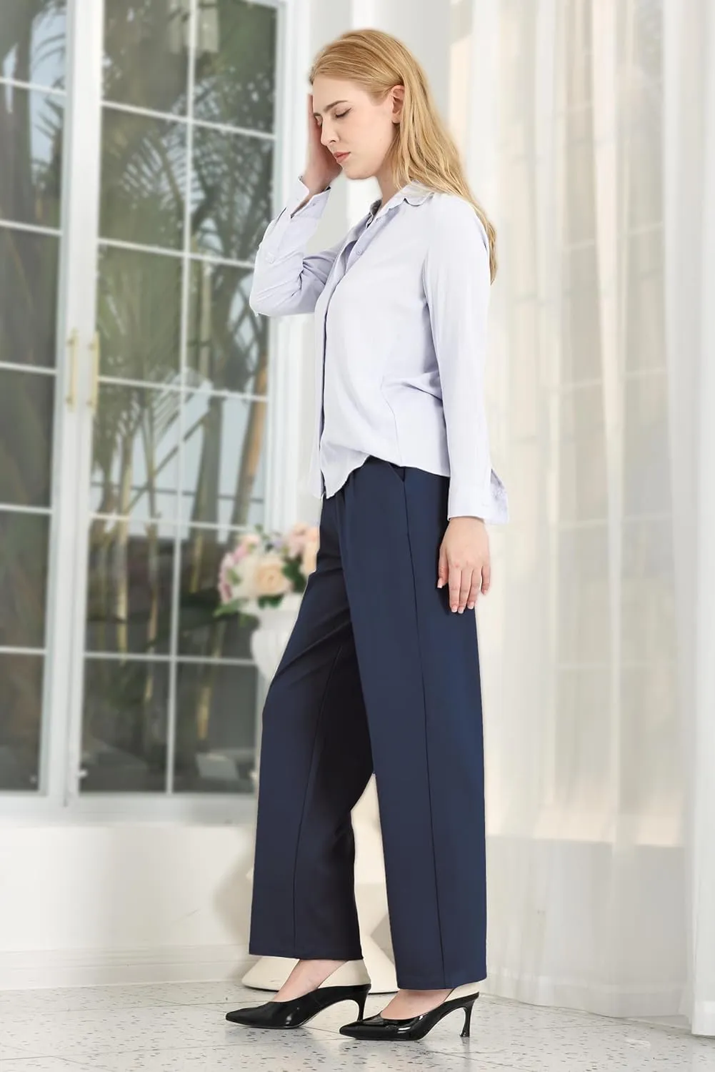Dress Pants Women Straight Leg Work Business Office High Elastic Waisted Casual Slacks Trousers 29" with Pockets