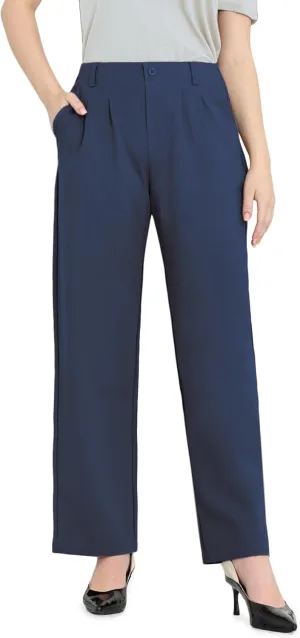 Dress Pants Women Straight Leg Work Business Office High Elastic Waisted Casual Slacks Trousers 29" with Pockets