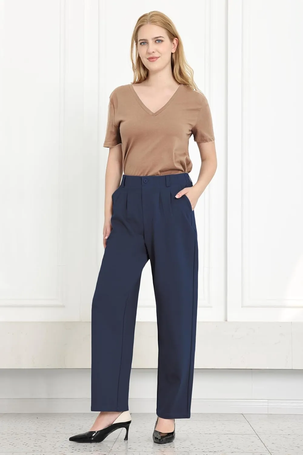 Dress Pants Women Straight Leg Work Business Office High Elastic Waisted Casual Slacks Trousers 29" with Pockets