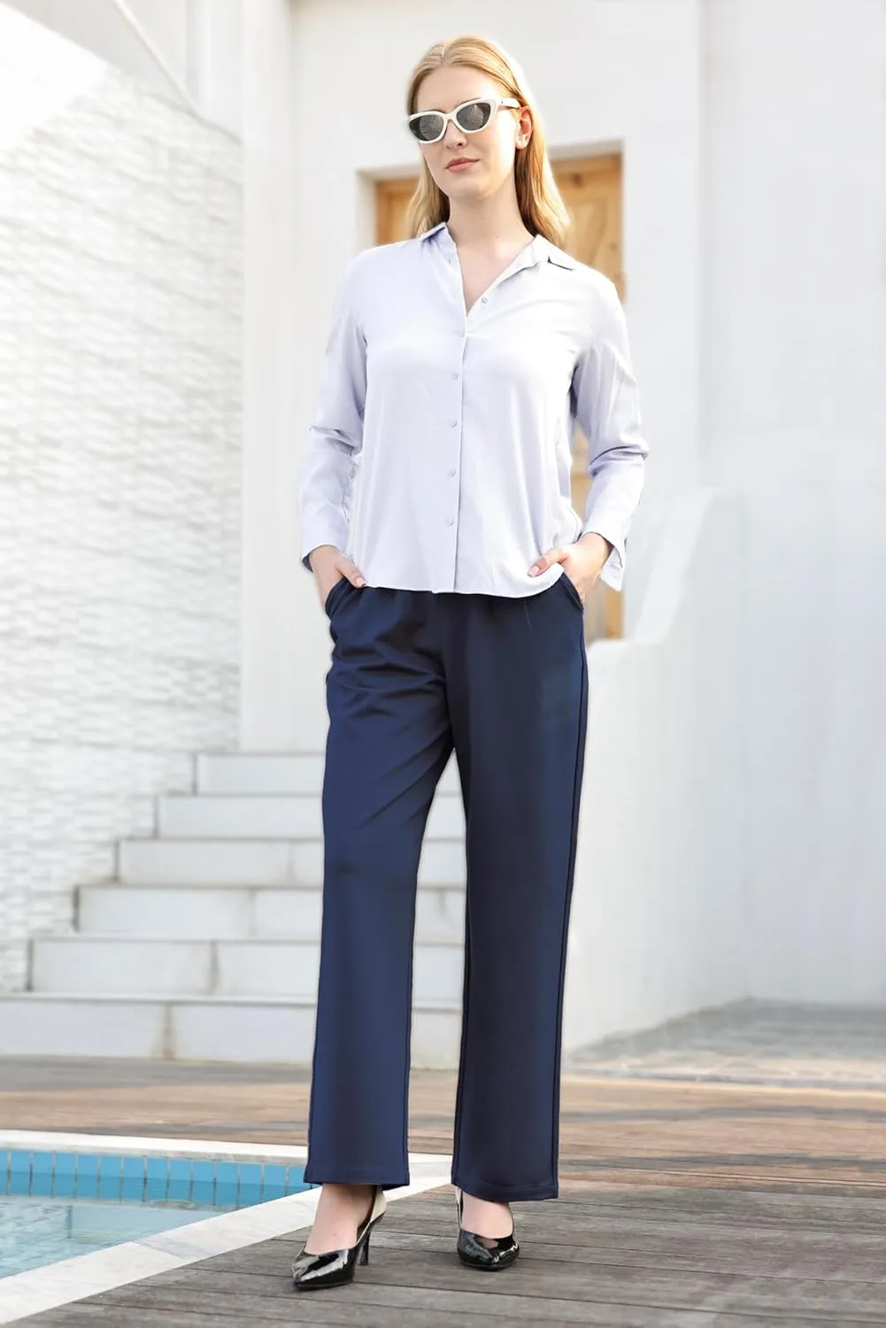 Dress Pants Women Straight Leg Work Business Office High Elastic Waisted Casual Slacks Trousers 29" with Pockets