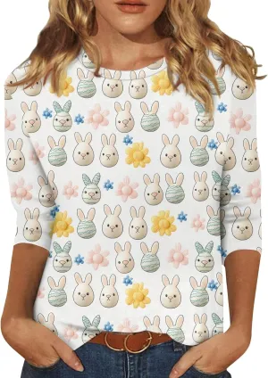 Easter Tshirts Shirts for Women Plus Size 3/4 Sleeve Tops Kawaii Egg and Bunny Print Round Neck Blouse Tunic