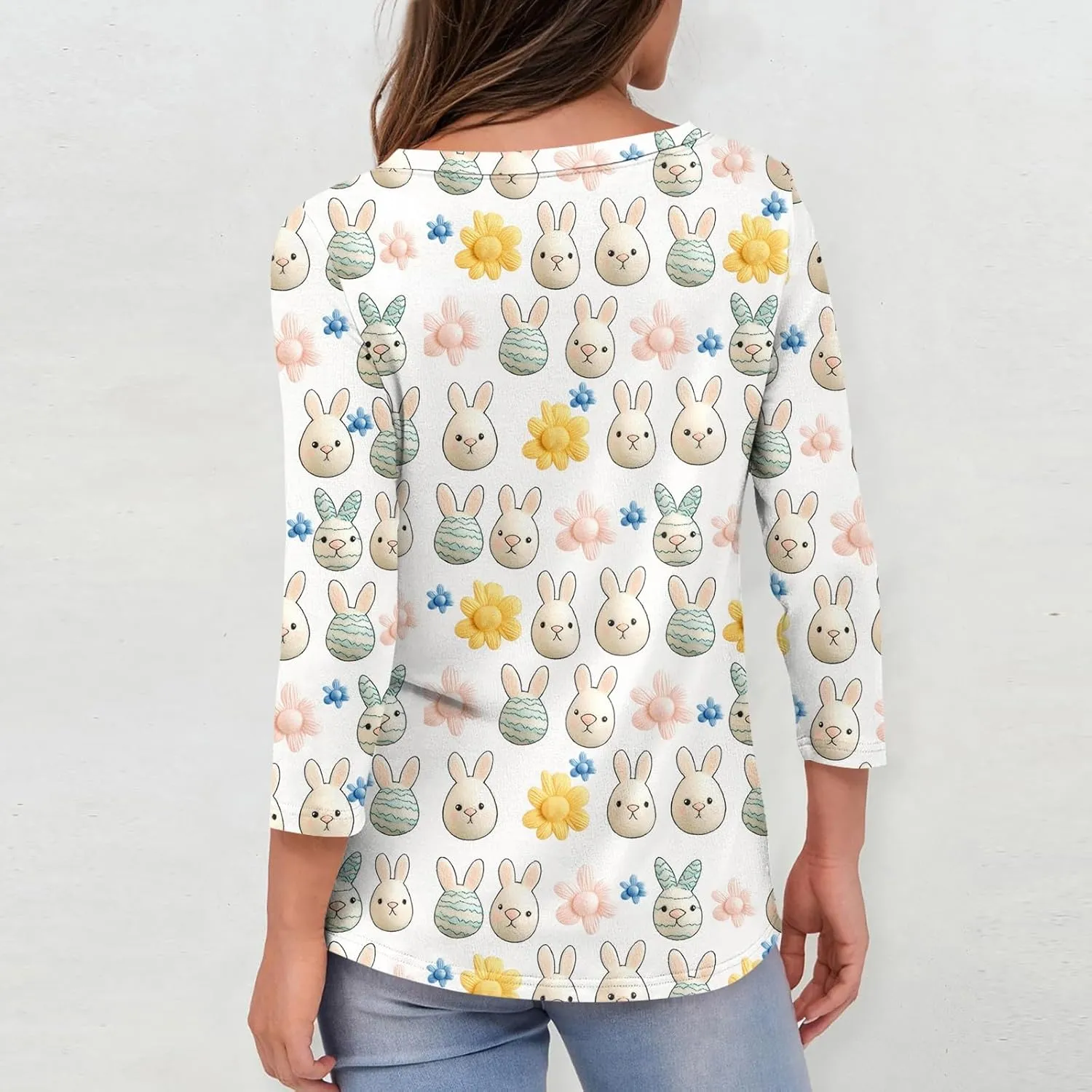 Easter Tshirts Shirts for Women Plus Size 3/4 Sleeve Tops Kawaii Egg and Bunny Print Round Neck Blouse Tunic
