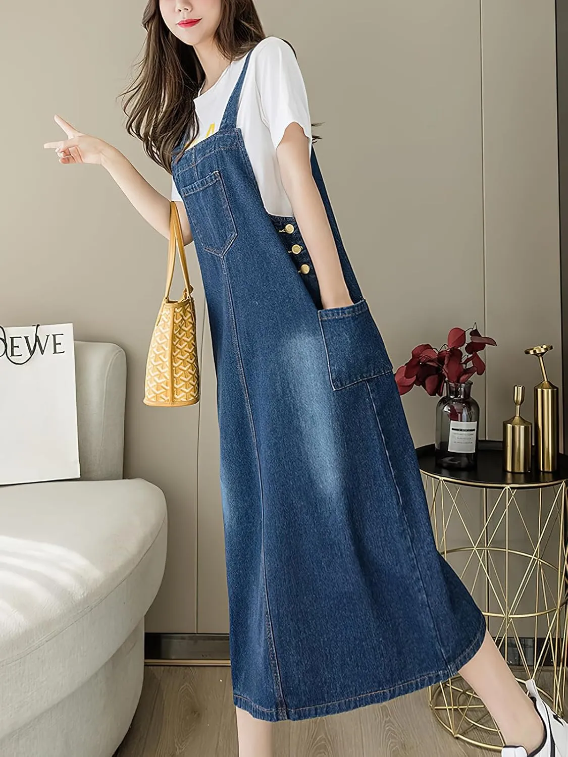 ebossy Women's Patchwork Denim Bib Overall Casual Button Jean Maxi Long Pinafore Dress With Pocket