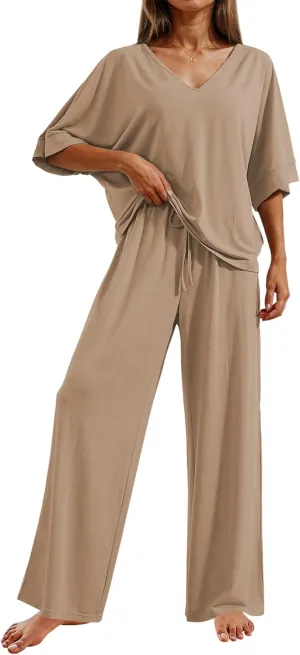 Ekouaer Pajama Sets for Women 2 Piece Lounge Set Short Sleeve Tops and Long Pants Soft Comfy Pjs Sleepwear Outfits S-XXL