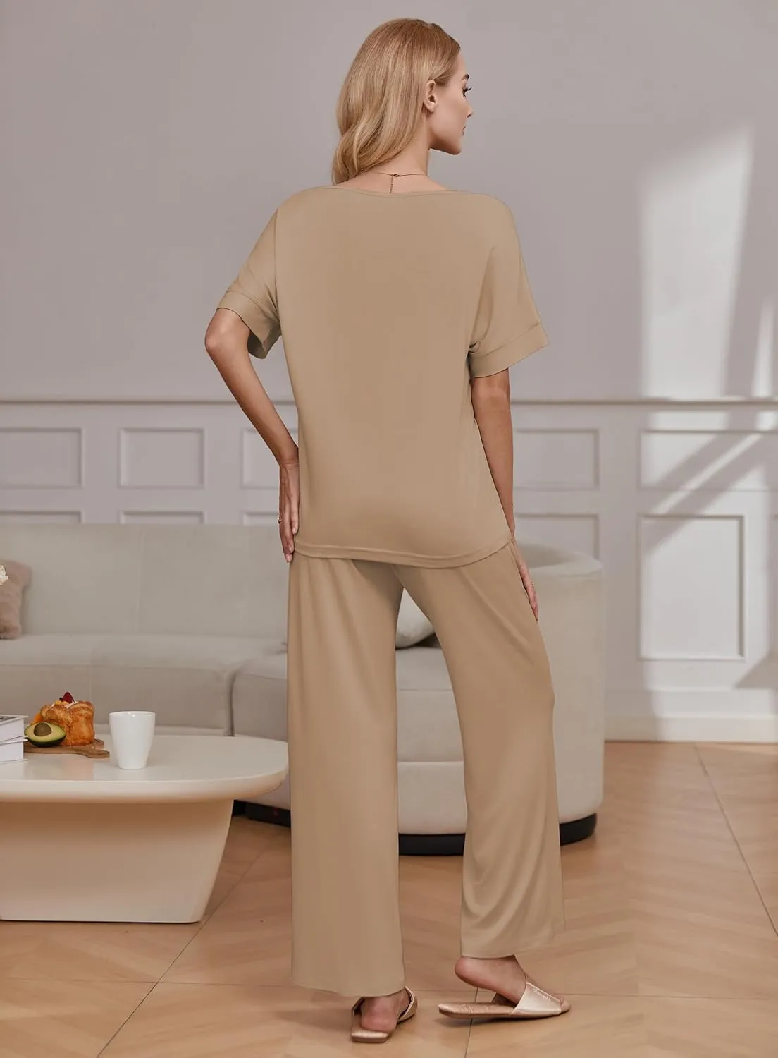 Ekouaer Pajama Sets for Women 2 Piece Lounge Set Short Sleeve Tops and Long Pants Soft Comfy Pjs Sleepwear Outfits S-XXL