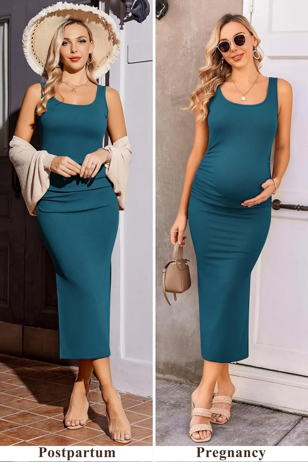 Ekouaer Women Sleeveless Tank Maternity Dress Ribbed Knit Pregnancy Midi Dresses Ruch Side Stretchy Pregnancy Clothes S-XXL