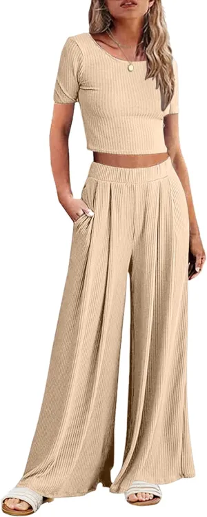 Ekouaer Women's 2 Piece Lounge Sets Short Sleeve Pajama Set Ribbed Knit Crop Top Wide Leg Pants Loungewear S-XXL