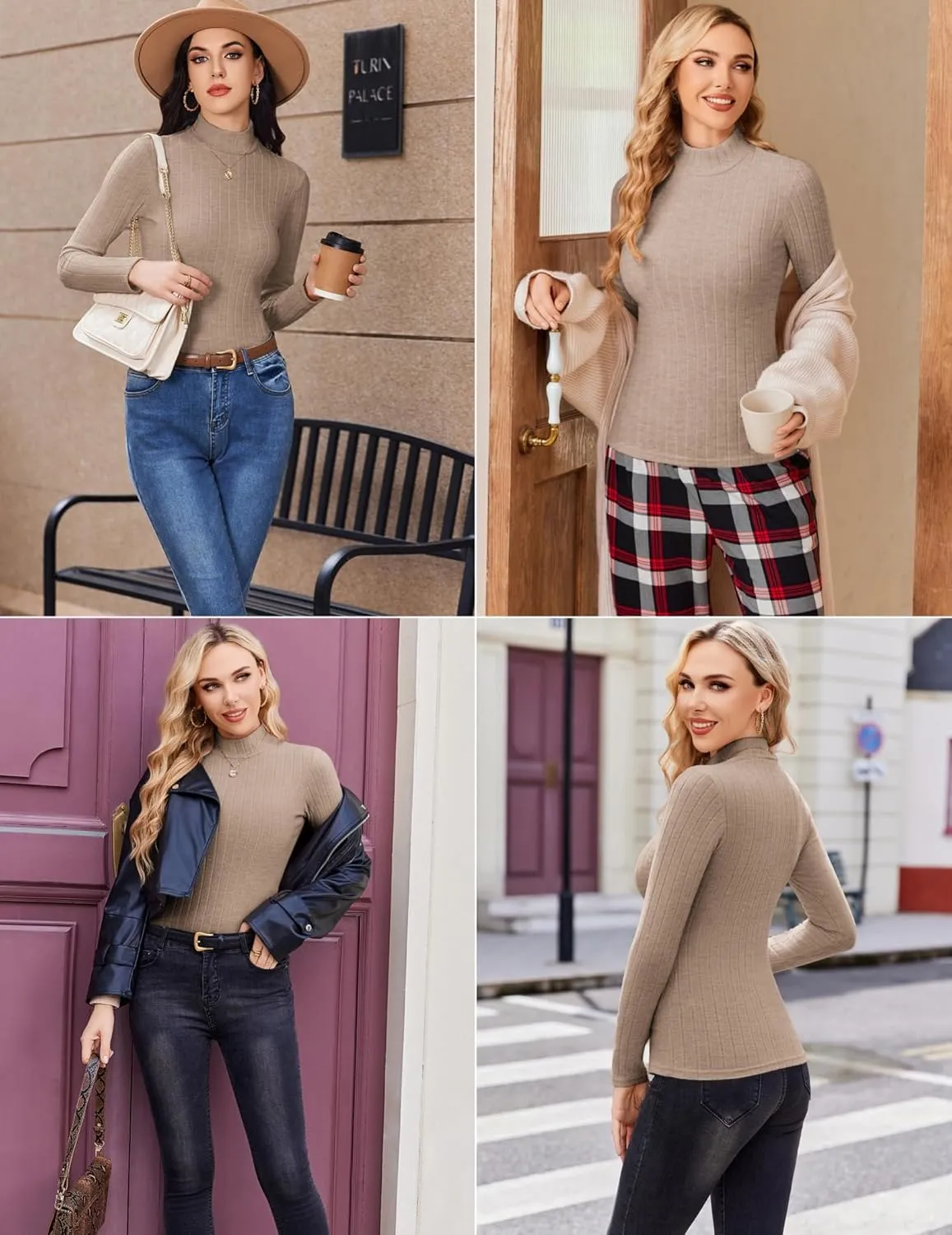 Ekouaer Women's Mock Turtleneck Long Sleeve Shirts Fall Ribbed Tops Fleece Basic Layering Soft Thermal Undershirts Tee