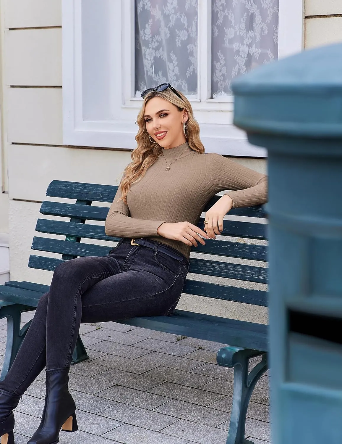 Ekouaer Women's Mock Turtleneck Long Sleeve Shirts Fall Ribbed Tops Fleece Basic Layering Soft Thermal Undershirts Tee