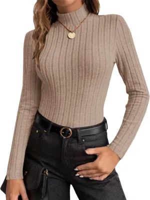 Ekouaer Women's Mock Turtleneck Long Sleeve Shirts Fall Ribbed Tops Fleece Basic Layering Soft Thermal Undershirts Tee