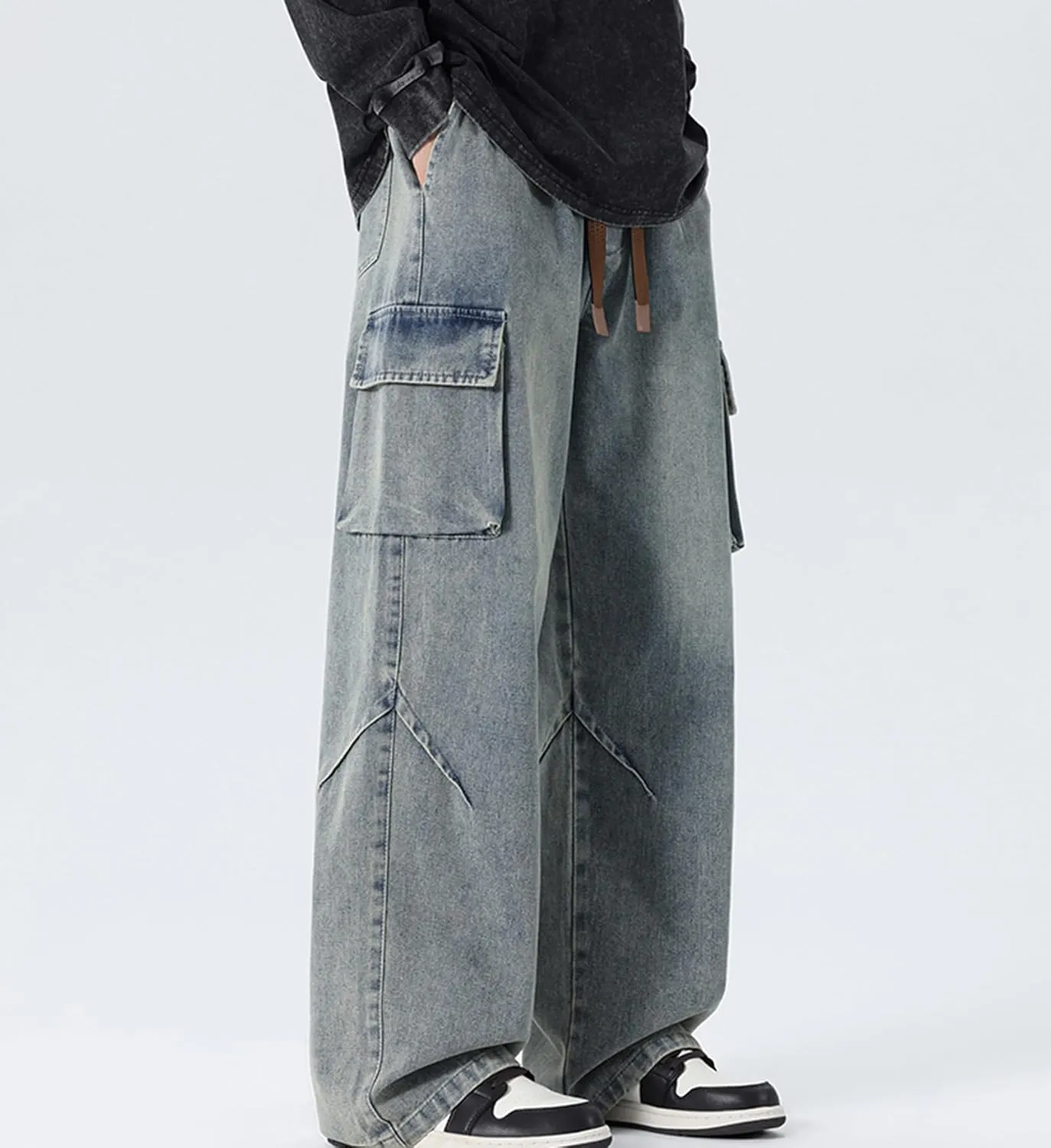 Elastic Waist Jeans for Men Loose Fit Drawstring Straight Leg Casual Denim Cargo Pants Trousers
