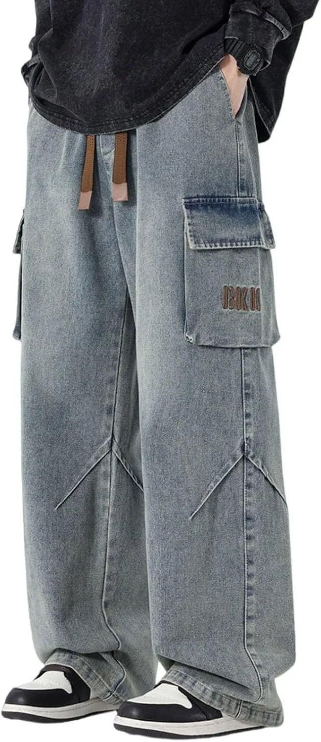 Elastic Waist Jeans for Men Loose Fit Drawstring Straight Leg Casual Denim Cargo Pants Trousers