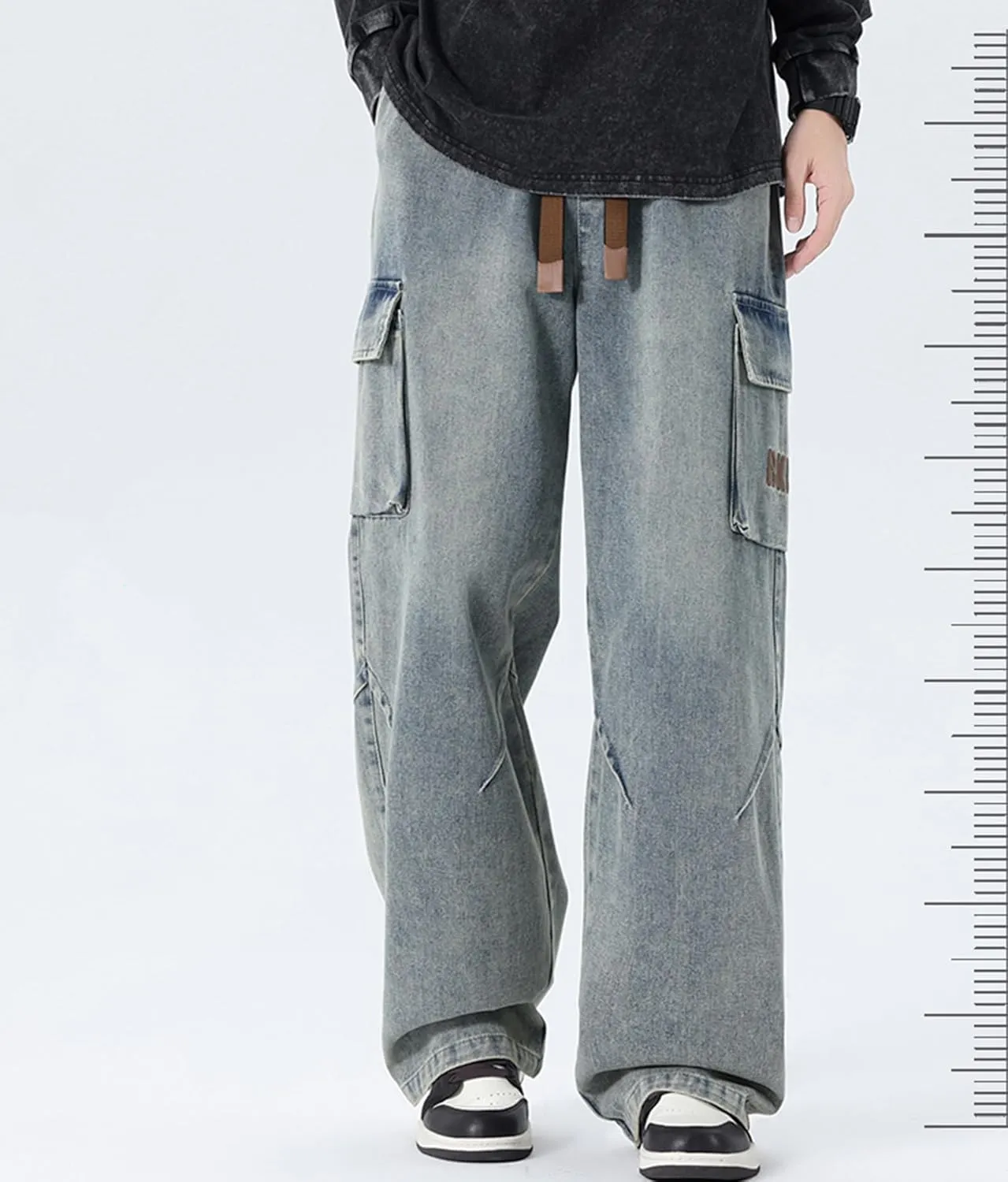 Elastic Waist Jeans for Men Loose Fit Drawstring Straight Leg Casual Denim Cargo Pants Trousers