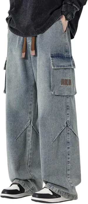 Elastic Waist Jeans for Men Loose Fit Drawstring Straight Leg Casual Denim Cargo Pants Trousers
