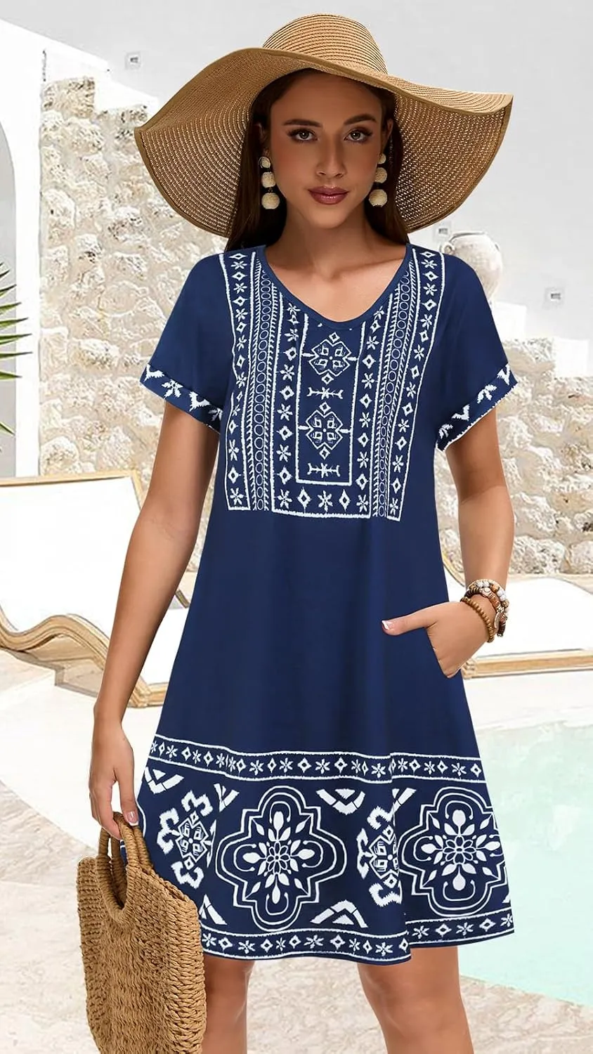 elescat Summer Dresses for Women V Neck Short Sleeve Flowy Tshirt Dress Casual Loose Sundress with Pockets