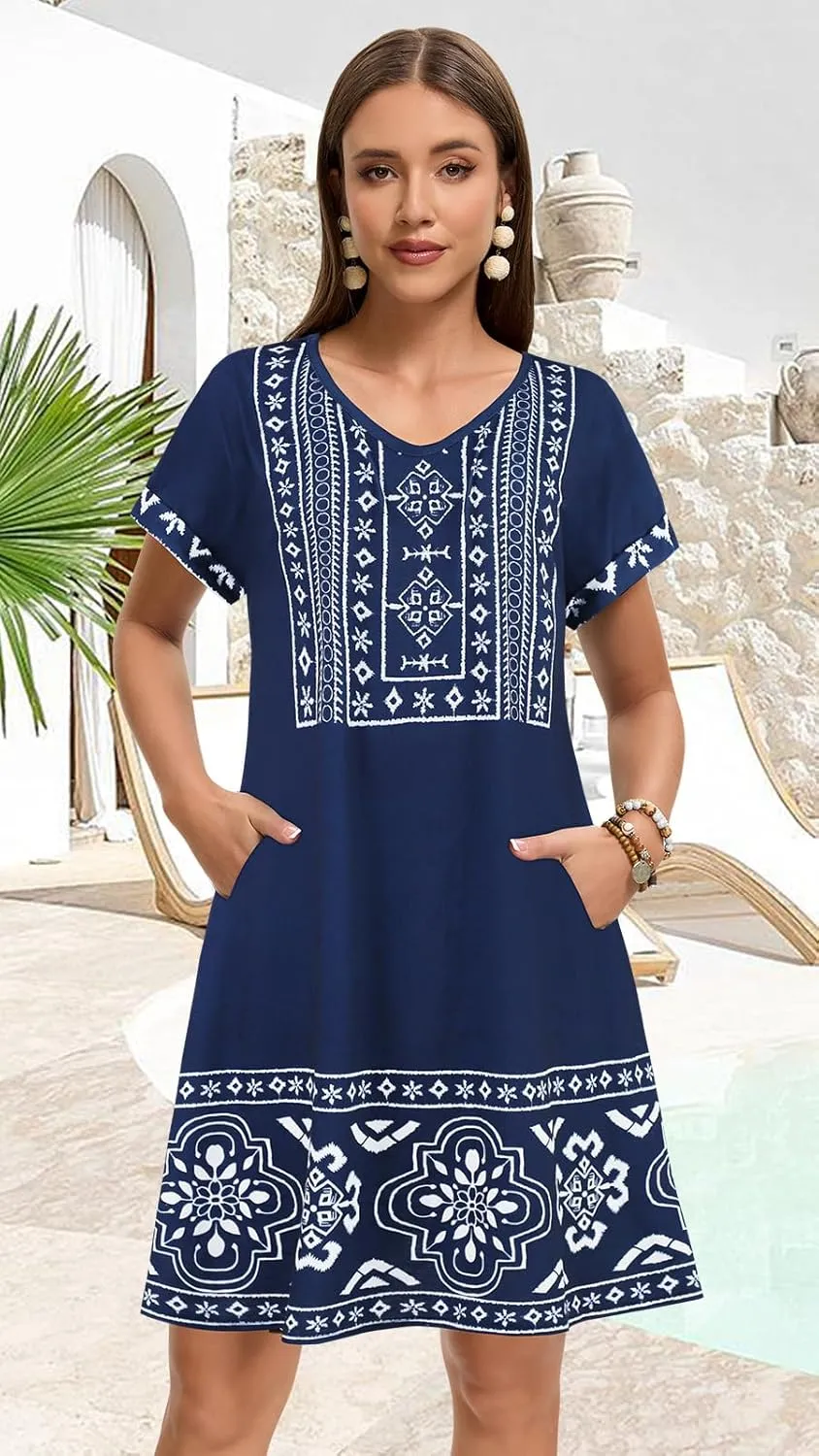 elescat Summer Dresses for Women V Neck Short Sleeve Flowy Tshirt Dress Casual Loose Sundress with Pockets