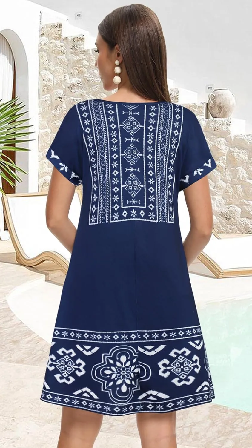 elescat Summer Dresses for Women V Neck Short Sleeve Flowy Tshirt Dress Casual Loose Sundress with Pockets