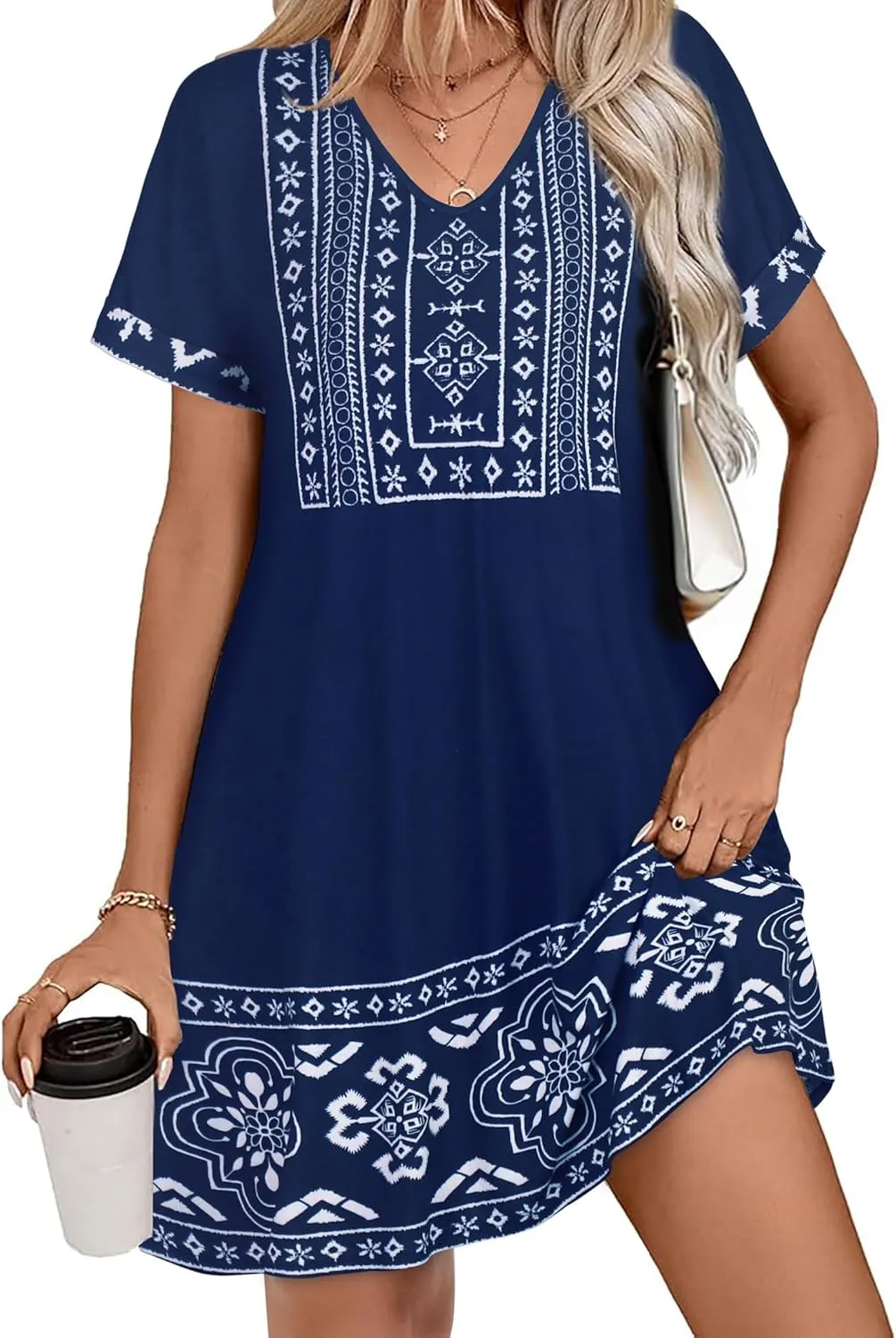 elescat Summer Dresses for Women V Neck Short Sleeve Flowy Tshirt Dress Casual Loose Sundress with Pockets