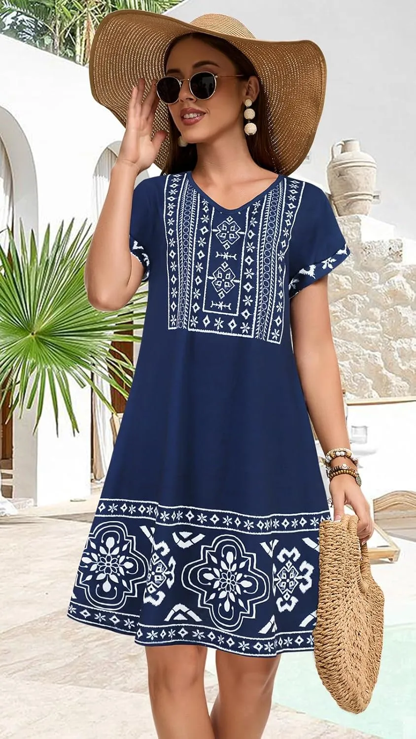 elescat Summer Dresses for Women V Neck Short Sleeve Flowy Tshirt Dress Casual Loose Sundress with Pockets