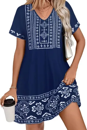 elescat Summer Dresses for Women V Neck Short Sleeve Flowy Tshirt Dress Casual Loose Sundress with Pockets