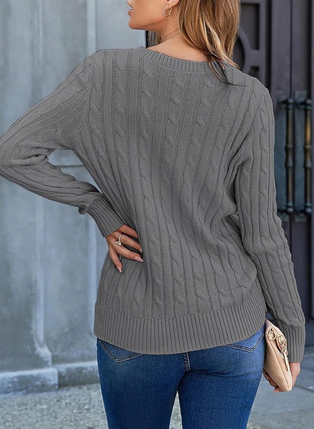 EVALESS Womens Cable Knitted Old Money Pullover Sweater Crewneck Business Casual Long Sleeve Tops