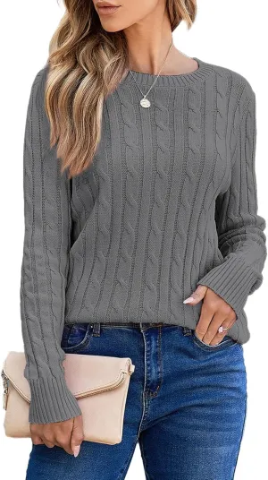 EVALESS Womens Cable Knitted Old Money Pullover Sweater Crewneck Business Casual Long Sleeve Tops