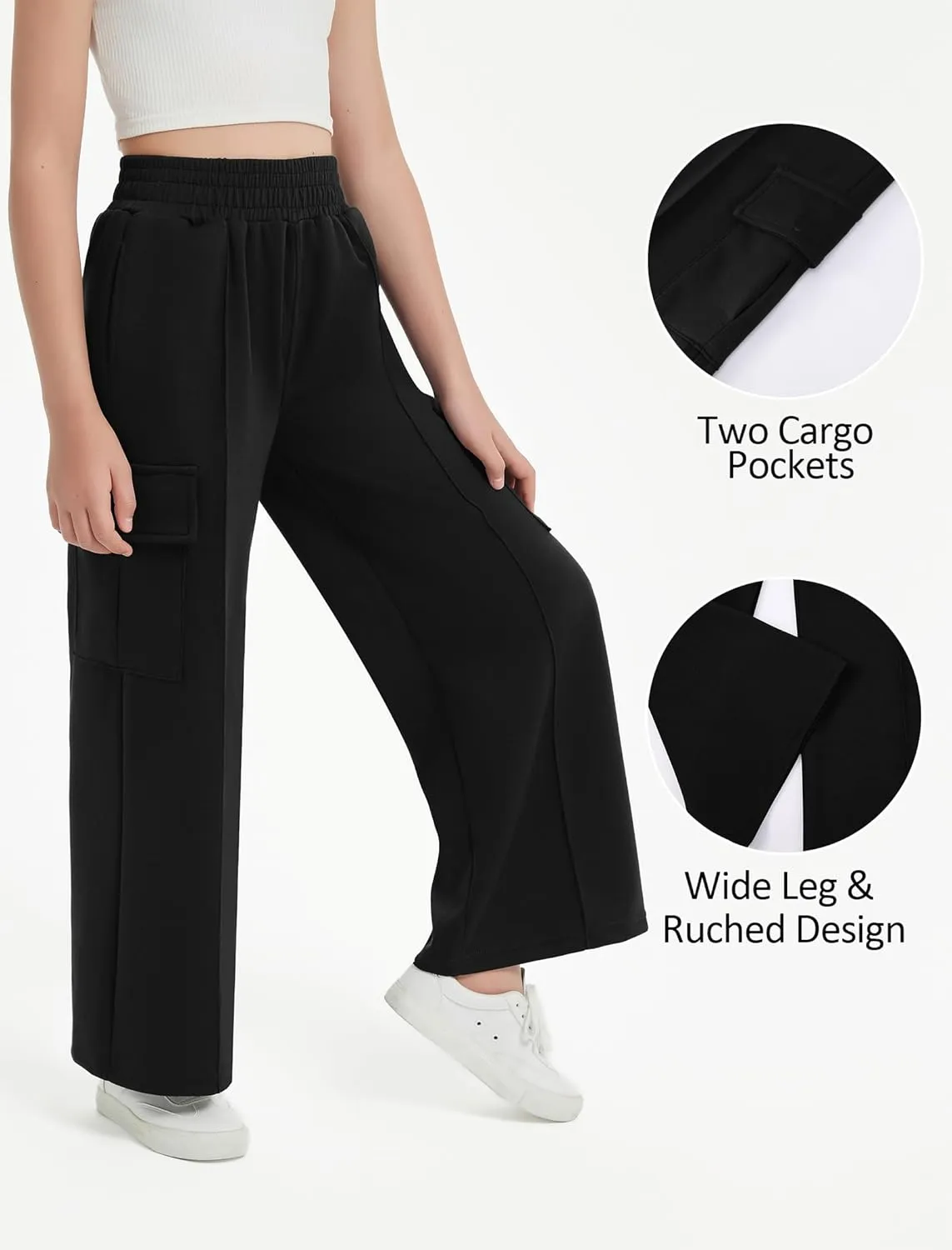 EXARUS Girls Sweatpants Wide Leg Baggy Teen Sweat Pants Cargo/Side Striped/Crossover V Waist Casual with Pockets 6-14Y