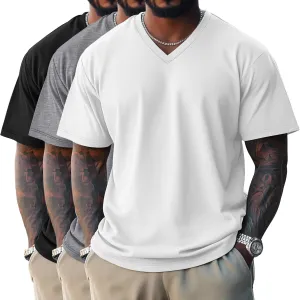 Ficerd 3 Pack Men's Cotton Half Sleeve Shirts M-7XL Regular and Big Tall V Neck Curved Hem Loose Casual Summer Basic Tee