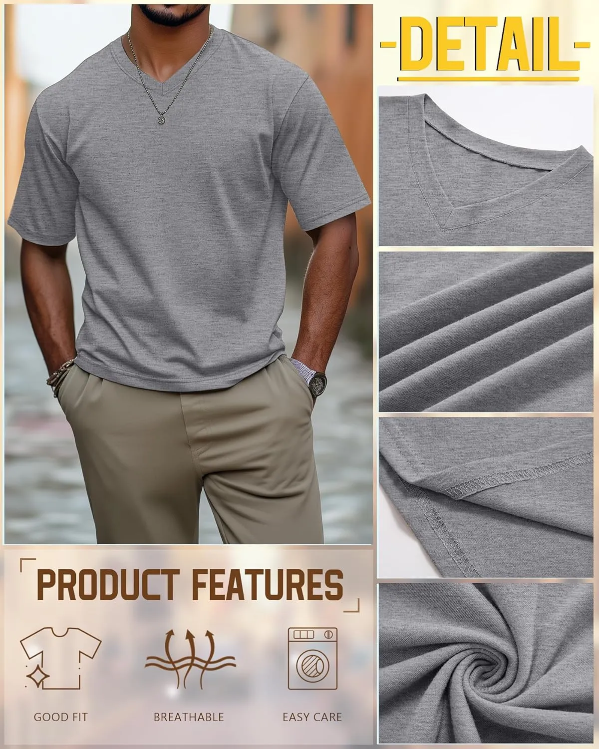 Ficerd 3 Pack Men's Cotton Half Sleeve Shirts M-7XL Regular and Big Tall V Neck Curved Hem Loose Casual Summer Basic Tee