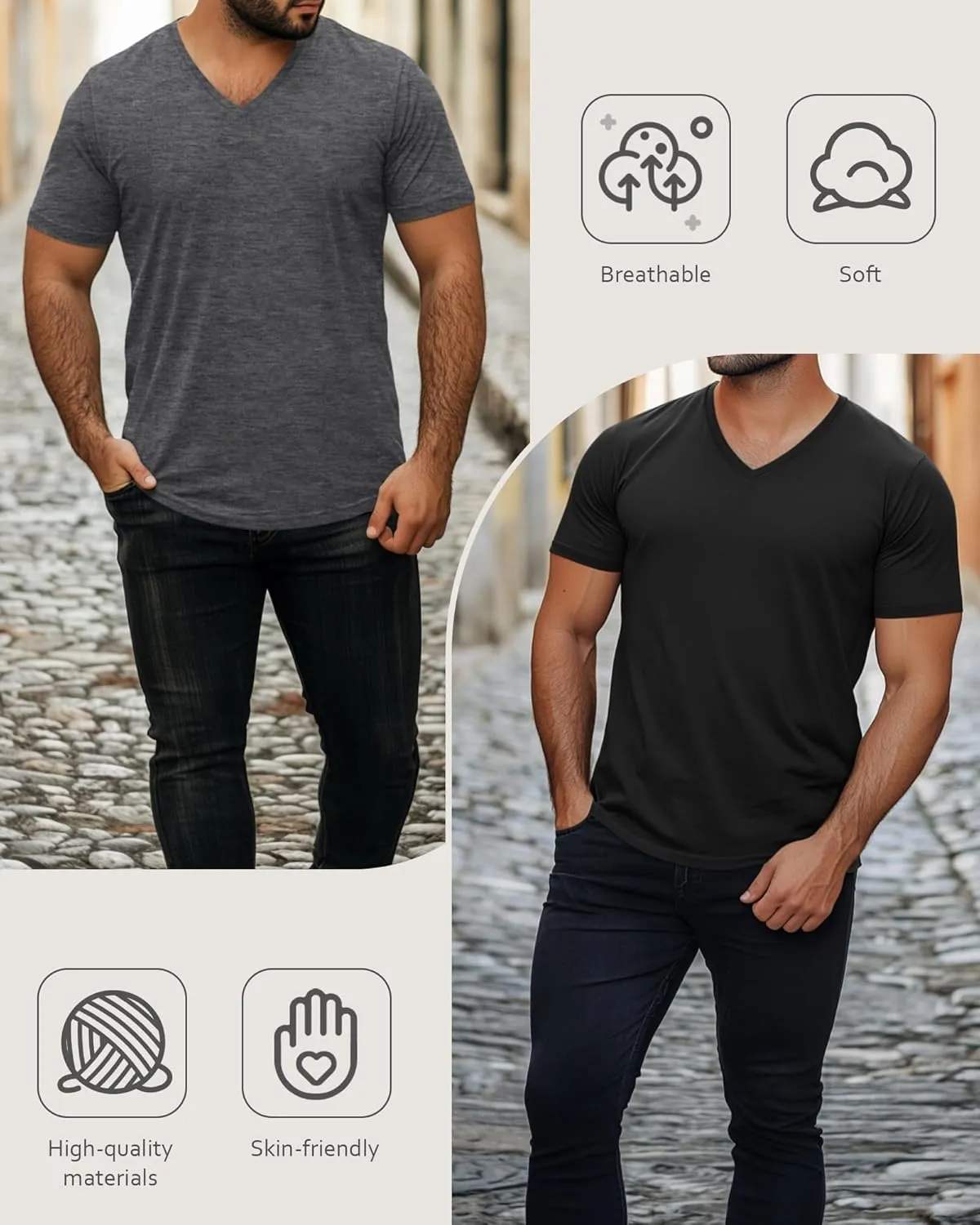 Ficerd 3 Pack Men's V Neck 95% Cotton T-Shirts M-7xl Big Tall Regular Soft Short Sleeve Basic 2025 Summer Clothes
