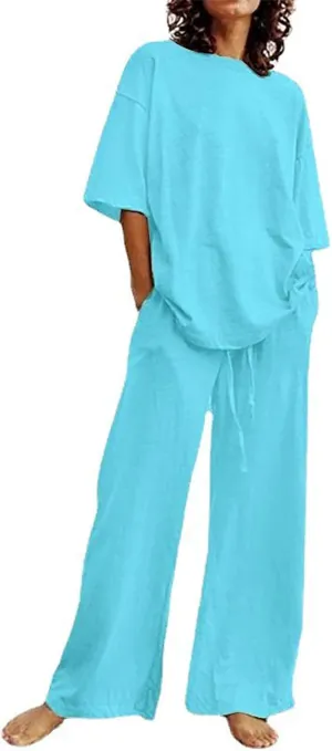 Firzero 2 Piece Outfits Sets for Women Plus Size Summer Cotton Linen Long Sleeve Crewneck Shirts and Wide Leg Pants