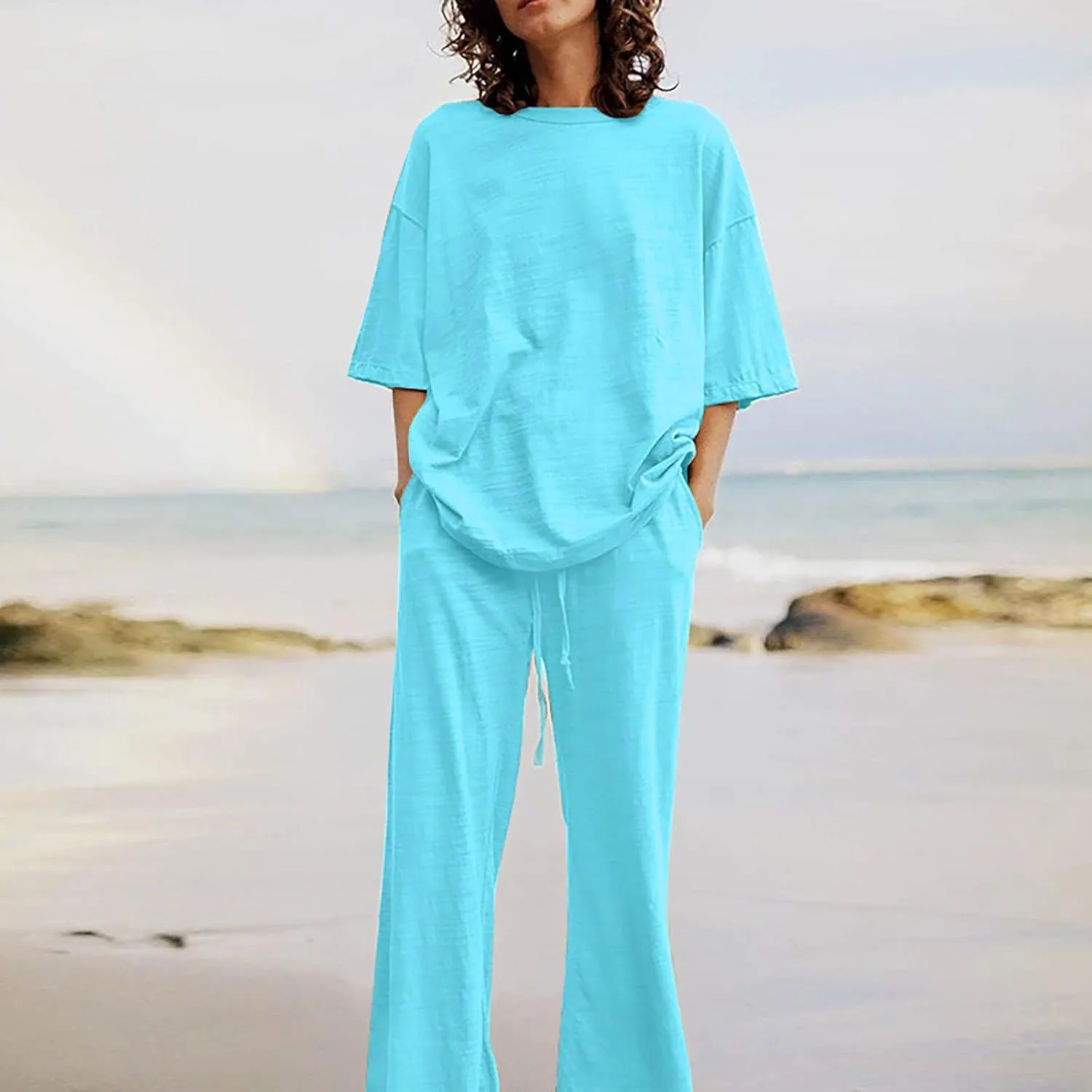 Firzero 2 Piece Outfits Sets for Women Plus Size Summer Cotton Linen Long Sleeve Crewneck Shirts and Wide Leg Pants