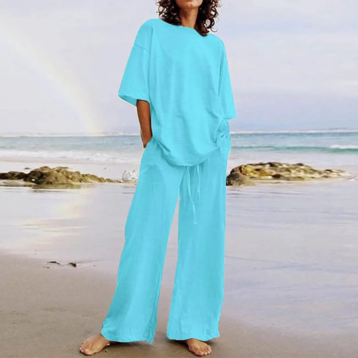 Firzero 2 Piece Outfits Sets for Women Plus Size Summer Cotton Linen Long Sleeve Crewneck Shirts and Wide Leg Pants