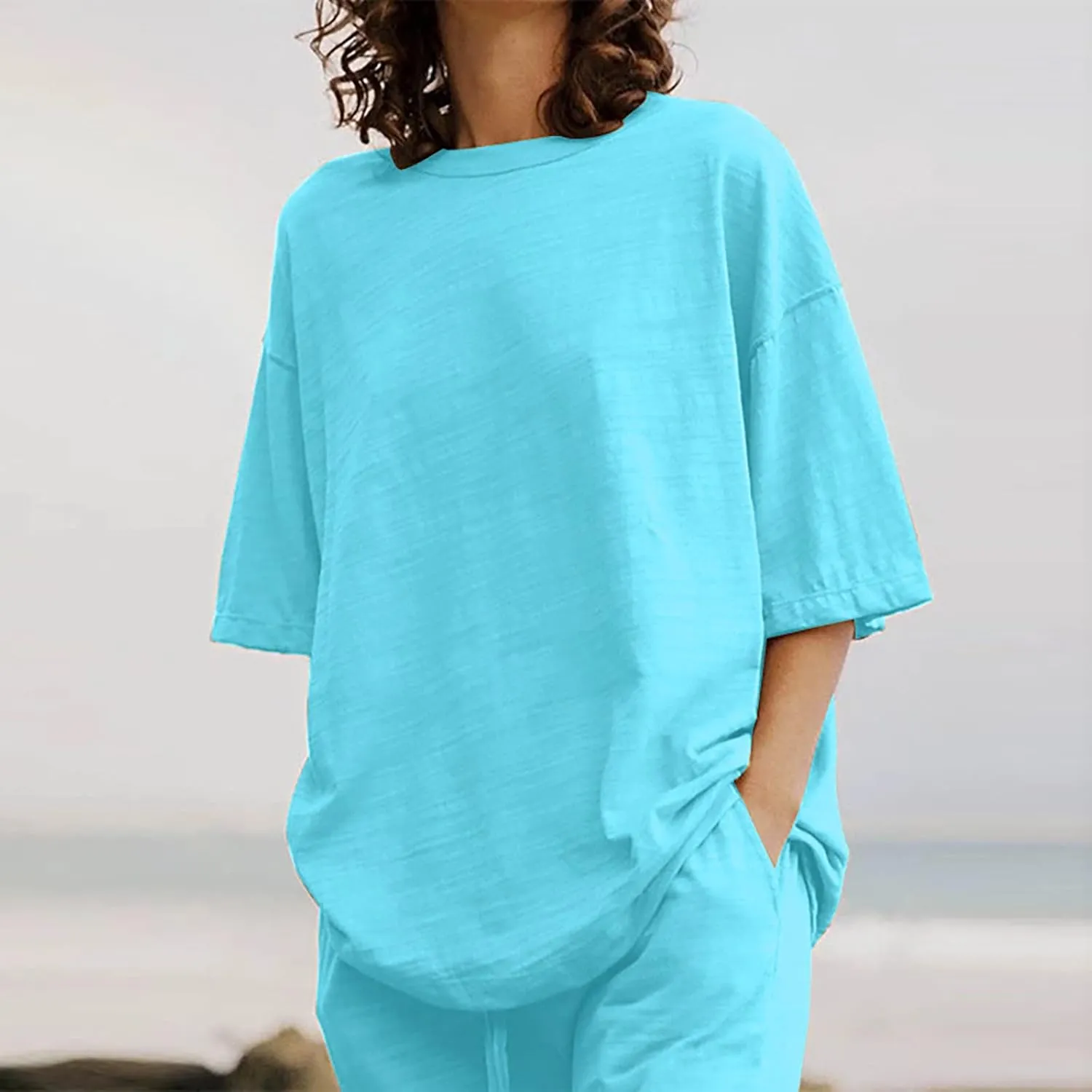 Firzero 2 Piece Outfits Sets for Women Plus Size Summer Cotton Linen Long Sleeve Crewneck Shirts and Wide Leg Pants