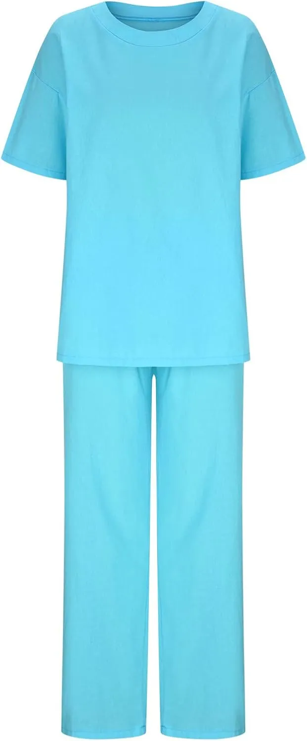 Firzero 2 Piece Outfits Sets for Women Plus Size Summer Cotton Linen Long Sleeve Crewneck Shirts and Wide Leg Pants