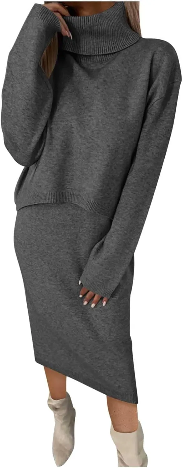 Firzero Women's 2 Piece Outfits Long Sleeve Turtleneck Cropped Sweaters Top and Bodycon Midi Dress Ribbed Knit Sweater Dress