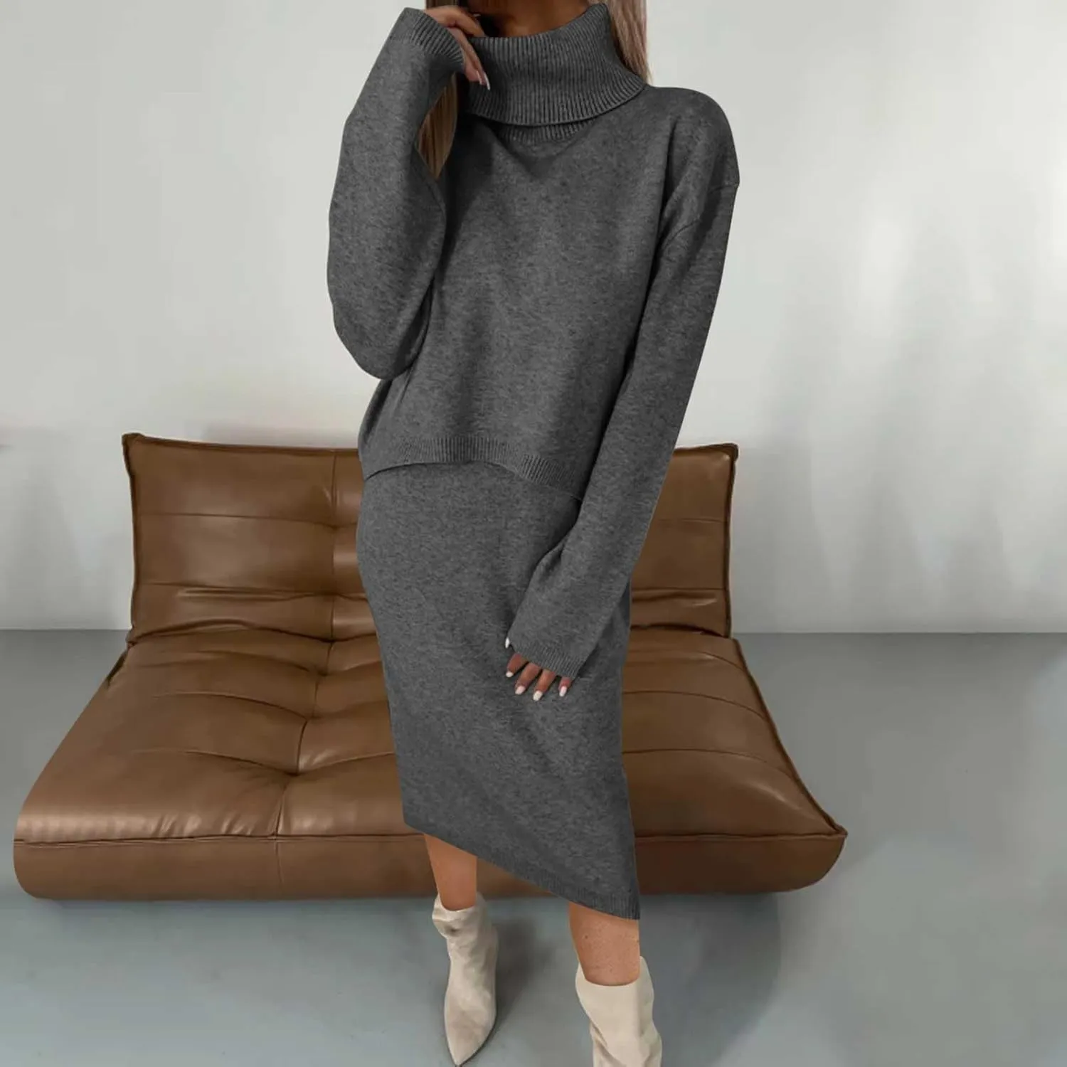 Firzero Women's 2 Piece Outfits Long Sleeve Turtleneck Cropped Sweaters Top and Bodycon Midi Dress Ribbed Knit Sweater Dress