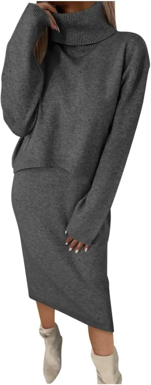 Firzero Women's 2 Piece Outfits Long Sleeve Turtleneck Cropped Sweaters Top and Bodycon Midi Dress Ribbed Knit Sweater Dress