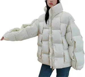 Fjnbbiot Winter Women Puffer Parkas Fashion Casual Loose Down Cotton Jackets Solid Weave Thicken Warm Zipper Overcoats
