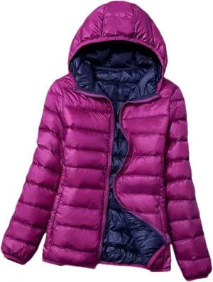 Fjnbbiot Women Winter Jackets Autumn Winter Reversible Hooded Windproof White Duck Down Coats Ultra Light Portable Puffer Parkas Purple XL