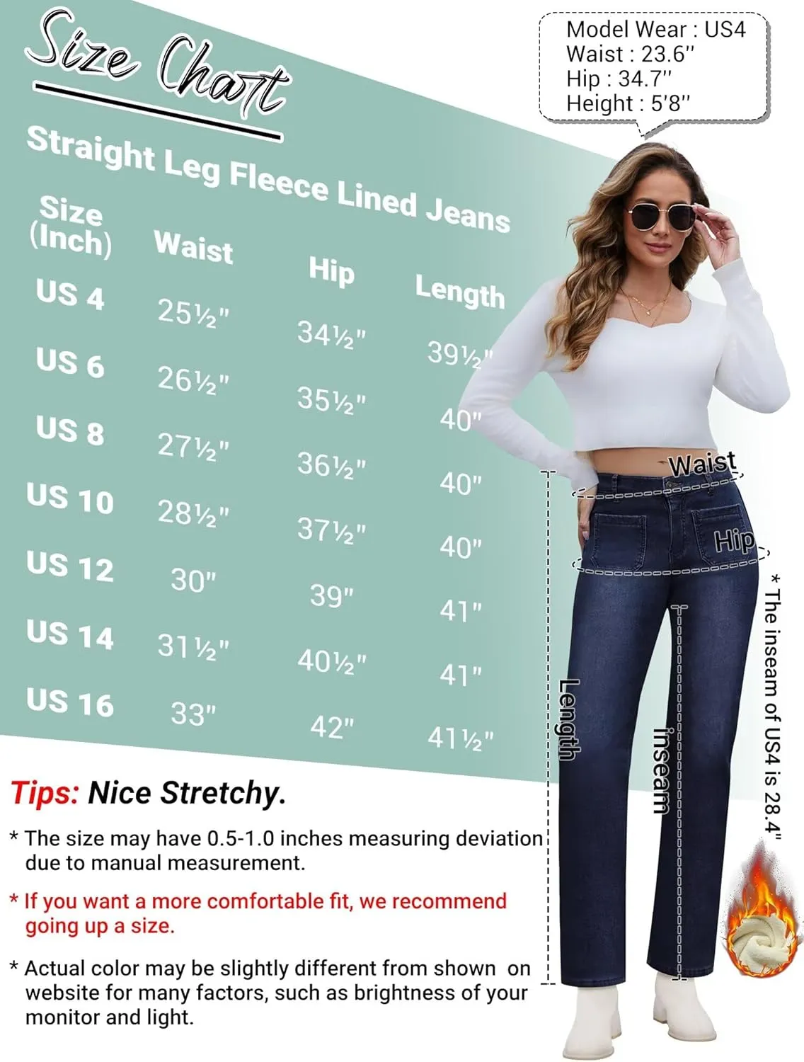 Fleece Lined Jeans Women Straight Leg High Waist Lined Jeans Winter Denim Pants for Women with Patch Pockets