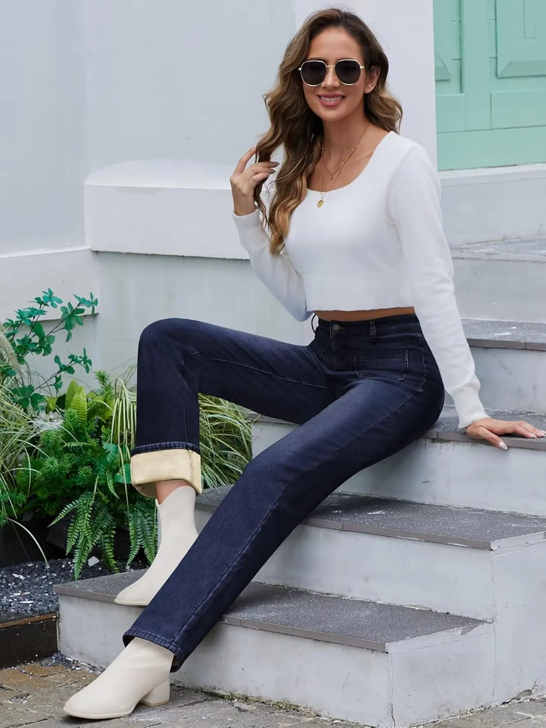 Fleece Lined Jeans Women Straight Leg High Waist Lined Jeans Winter Denim Pants for Women with Patch Pockets