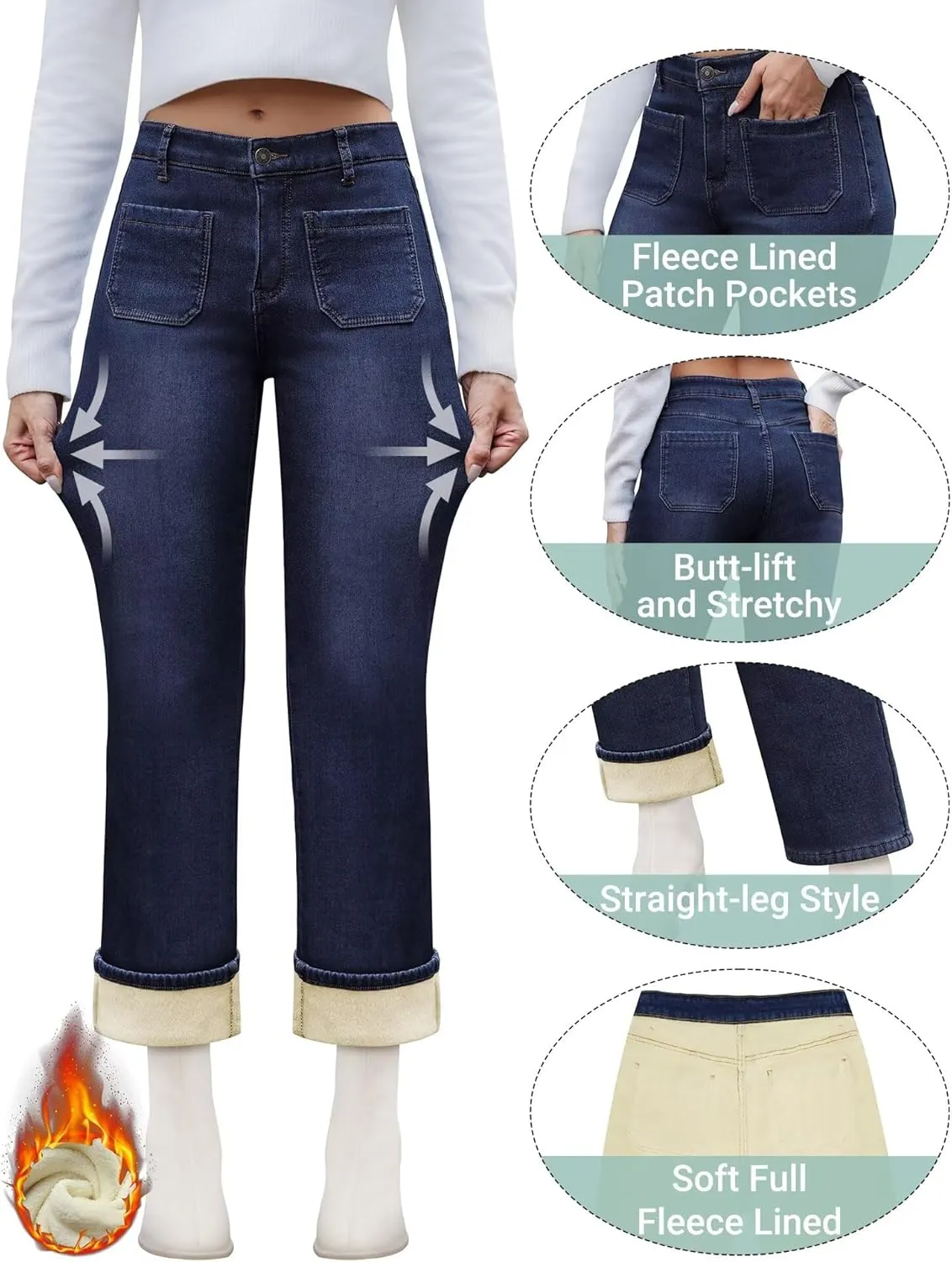 Fleece Lined Jeans Women Straight Leg High Waist Lined Jeans Winter Denim Pants for Women with Patch Pockets